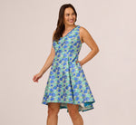 Plus Size Sleeveless Tulip Jacquard Fit And Flare Midi Dress In Blue Green Multi 3