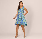 Plus Size Sleeveless Tulip Jacquard Fit And Flare Midi Dress In Blue Green Multi 8
