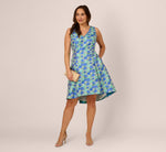 Plus Size Sleeveless Tulip Jacquard Fit And Flare Midi Dress In Blue Green Multi 2