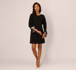 Long Sleeve Contrast Tipped Sheath Dress In Black Ivory 1