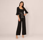 Bell Sleeve Tie Front Contrast Tipped Jumpsuit In Black Ivory 2