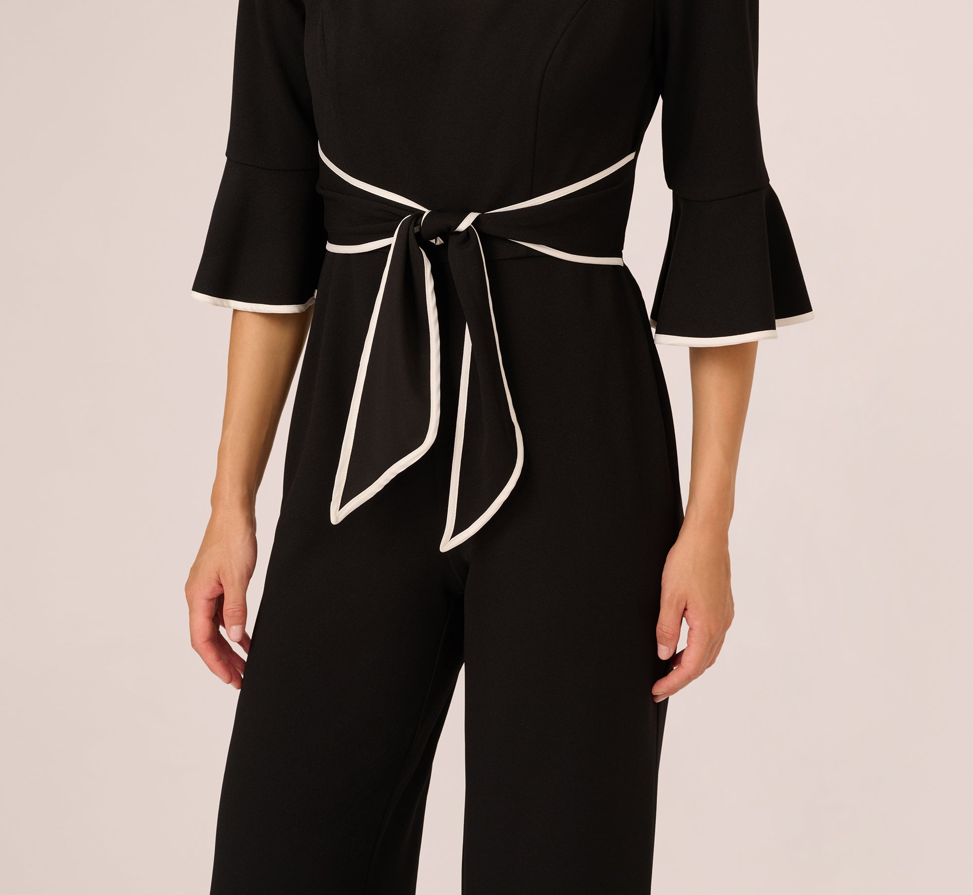 Black Bell Sleeve Tie Front Contrast Tipped Jumpsuit - Adrianna Papell