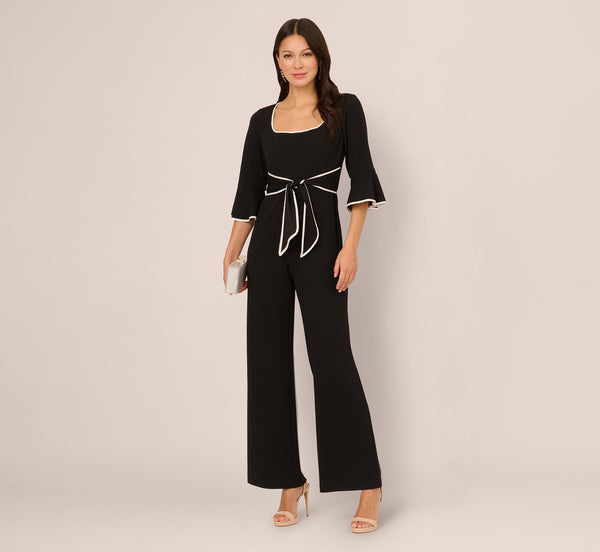 Black Bell Sleeve Tie Front Contrast Tipped Jumpsuit - Adrianna Papell
