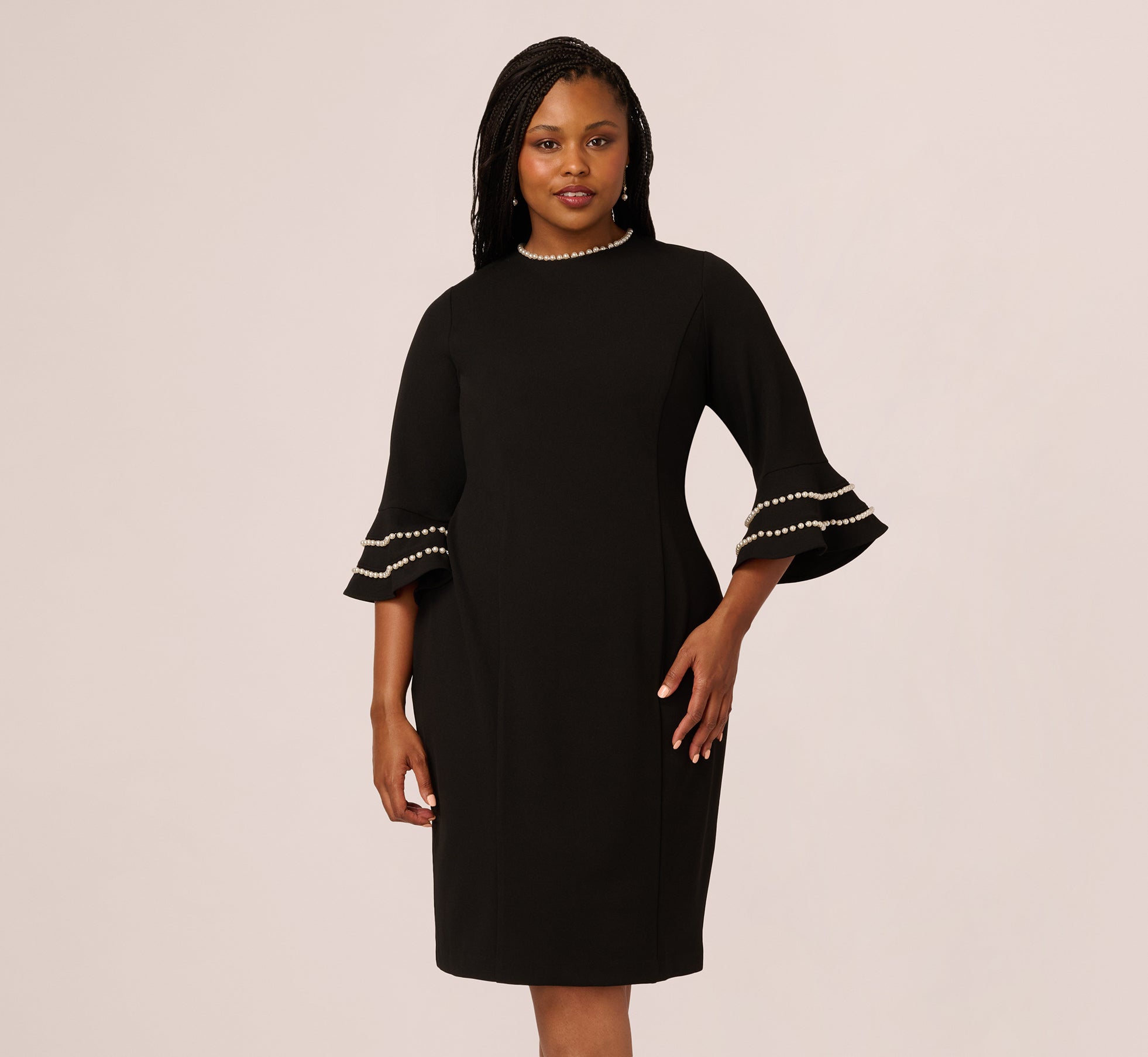 Plus Size Three Quarter Bell Sleeve Pearly Trim Sheath Dress In