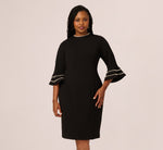 Plus Size Three Quarter Bell Sleeve Pearly Trim Sheath Dress In Black Ivory 2