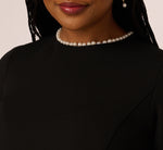 Plus Size Three Quarter Bell Sleeve Pearly Trim Sheath Dress In Black Ivory 3