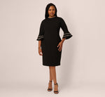 Plus Size Three Quarter Bell Sleeve Pearly Trim Sheath Dress In Black Ivory 7