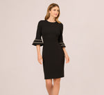 Three Quarter Bell Sleeve Pearly Trim Sheath Dress In Black Ivory 2