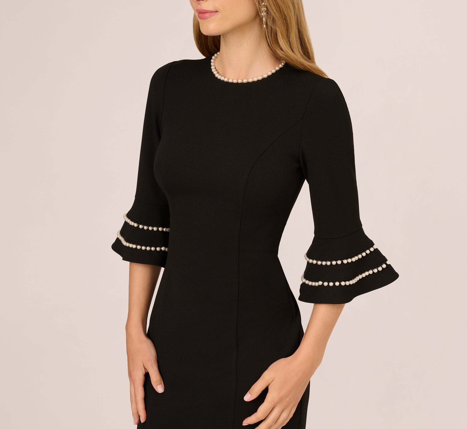 Black Three Quarter Bell Sleeve Pearly Trim Sheath Dress