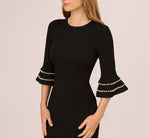 Three Quarter Bell Sleeve Pearly Trim Sheath Dress In Black Ivory 3