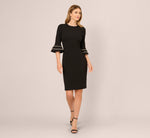 Three Quarter Bell Sleeve Pearly Trim Sheath Dress In Black Ivory 7