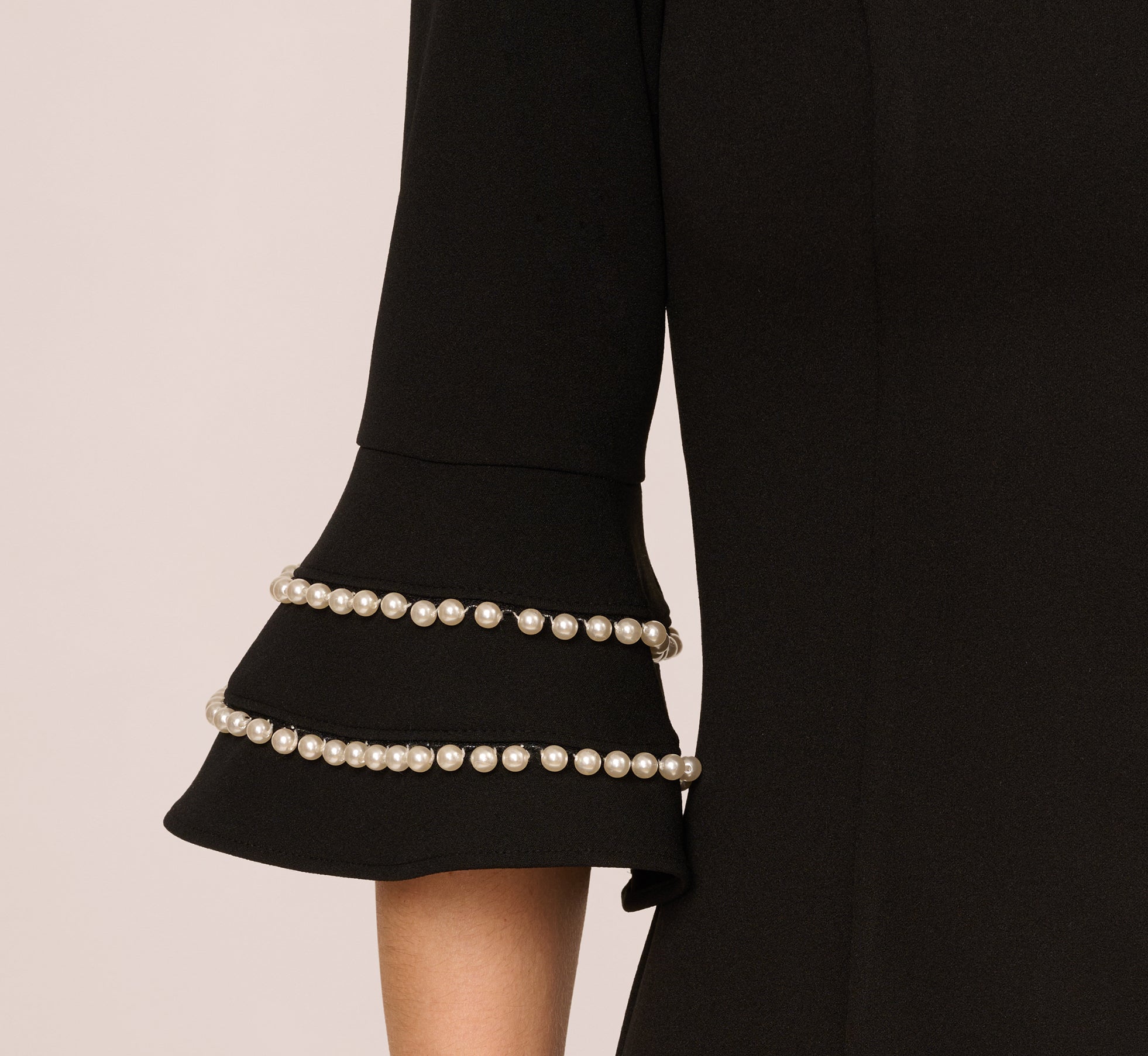 Black Three Quarter Bell Sleeve Pearly Trim Sheath Dress