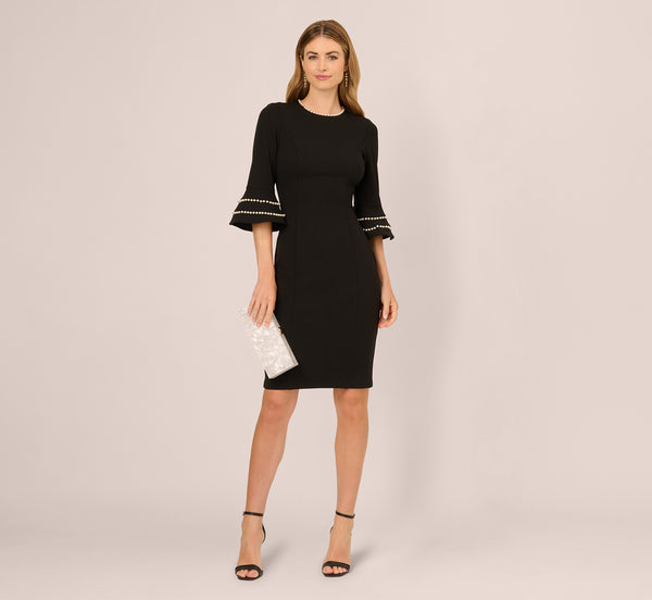 Black Three Quarter Bell Sleeve Pearly Trim Sheath Dress