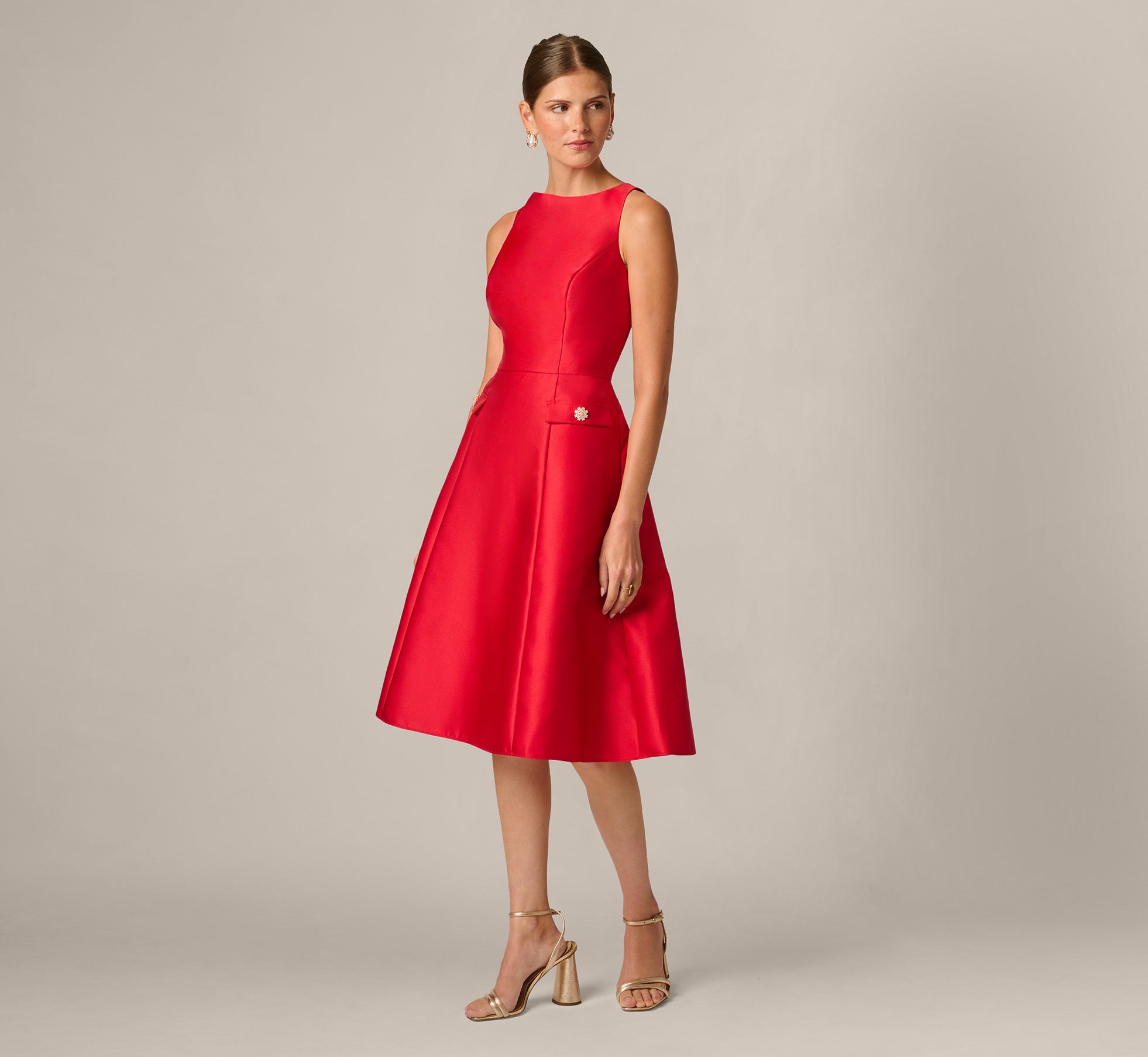 Sleeveless Bateau A Line Midi Dress In Red 1