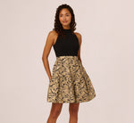 Sleeveless Jacquard Flounce Combo Dress In Black Gold 3