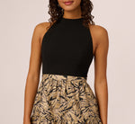 Sleeveless Jacquard Flounce Combo Dress In Black Gold 4
