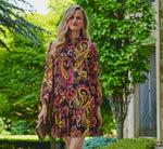 Long Sleeve Paisley Chiffon Trapeze Dress In Brown Multi 1