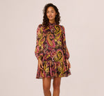 Long Sleeve Paisley Chiffon Trapeze Dress In Brown Multi 3
