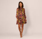 Long Sleeve Paisley Chiffon Trapeze Dress In Brown Multi 8
