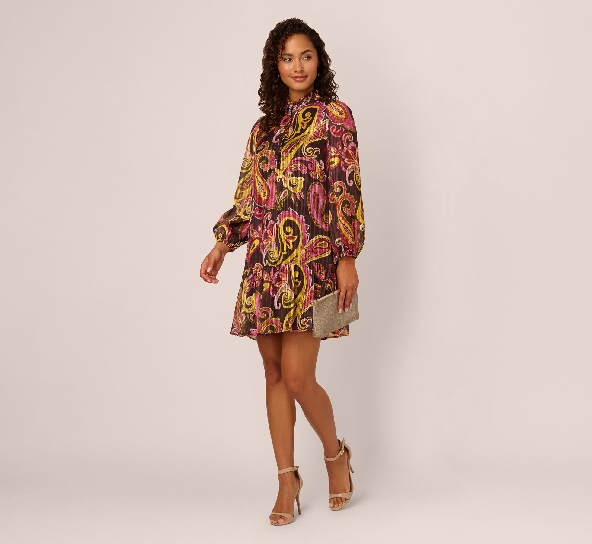Brown Long Sleeve Paisley Chiffon Trapeze Dress - Adrianna Papell