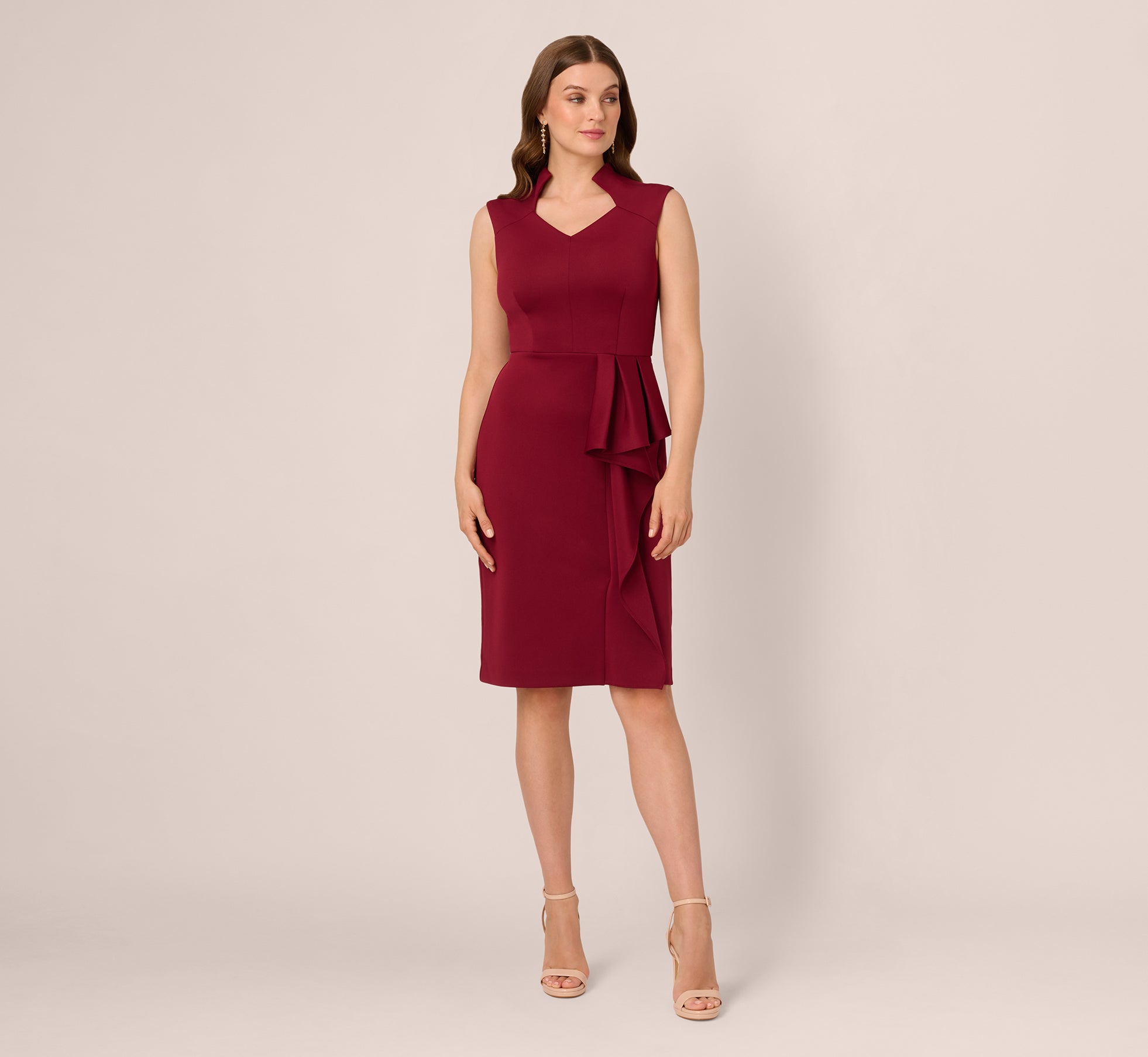 adrianna papell illusion bodice pleated jersey sheath dress Adrianna Papell Women's Ruffle Scuba Midi Dress, Crimson, 16