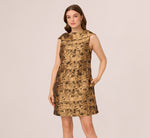 Sleeveless Jacquard Roll Collar Shift Dress In Gold Black 2