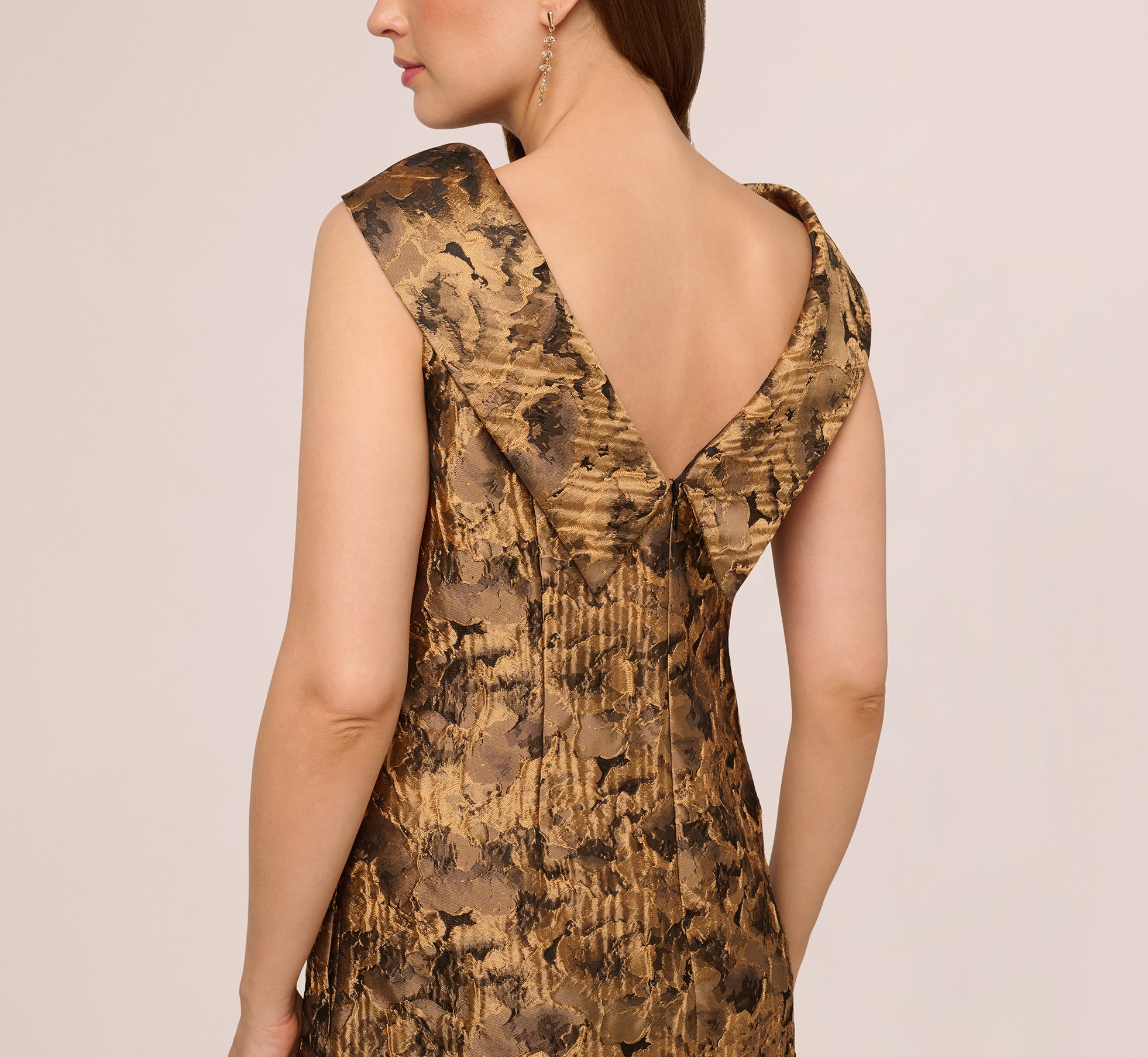 Beige Sleeveless Jacquard Roll Collar Shift Dress - Adrianna Papell Beige Sleeveless Jacquard Roll Collar Shift Dress - Adrianna Papell