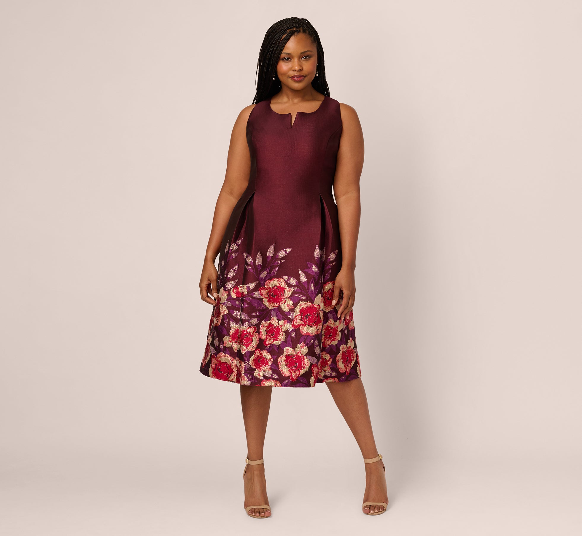 Multi Colored Plus Size Sleeveless Floral Border Jacquard Midi Dress -  Adrianna Papell