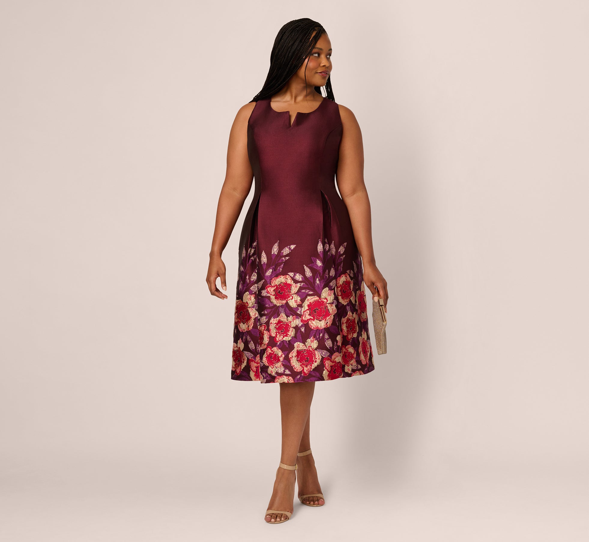 open lace back dress Plum Multi Plus Size Sleeveless Floral Border Jacquard Midi Dress