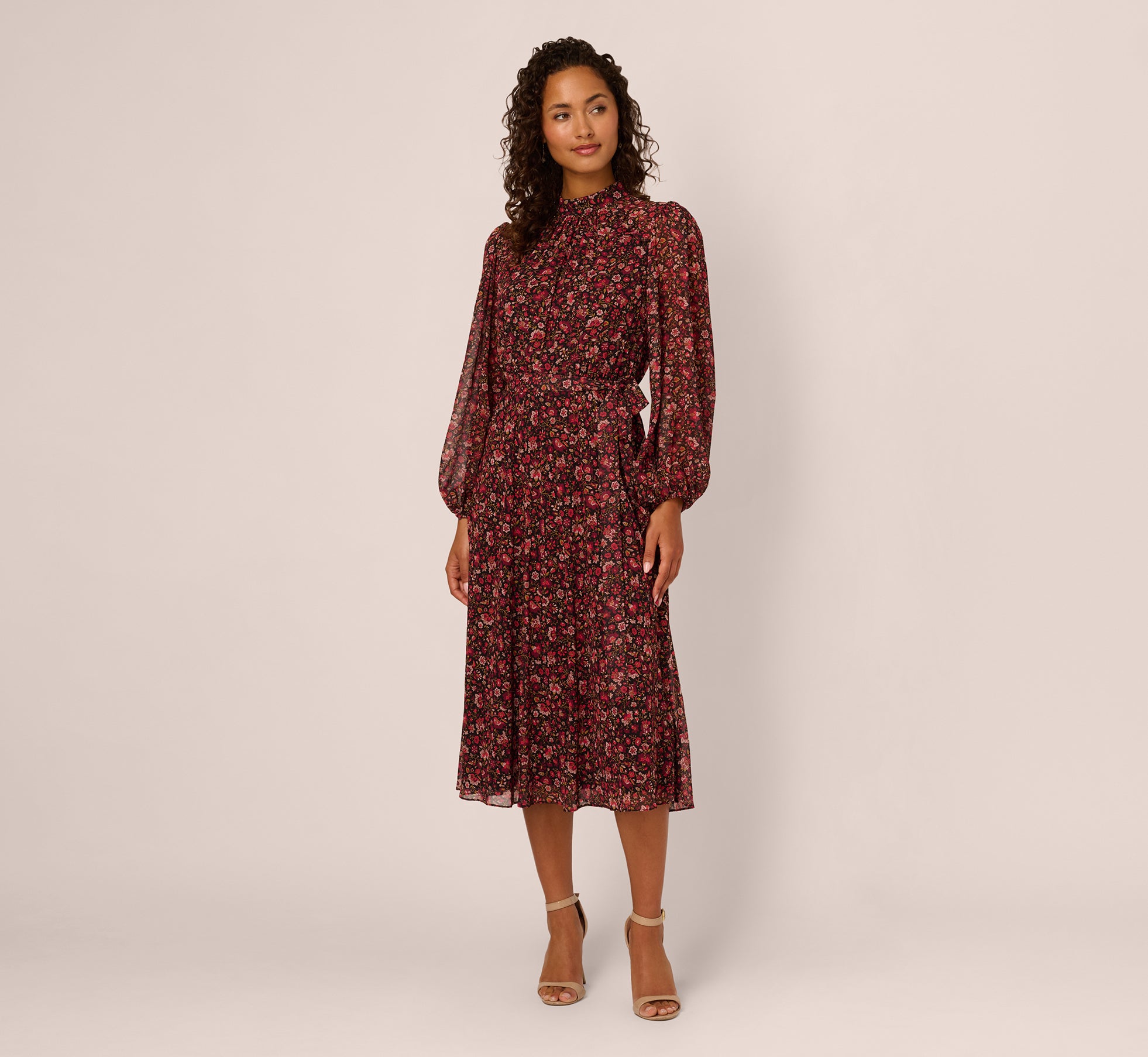 Black Long Sleeve Ditsy Floral Chiffon Midi Dress