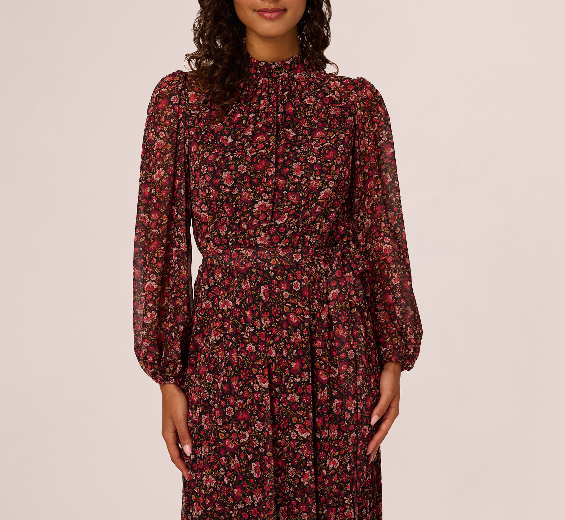 Long Sleeve Ditsy Floral Chiffon Midi Dress In Black Multi - Adrianna Papell Long Sleeve Ditsy Floral Chiffon Midi Dress In Black Multi - Adrianna Papell