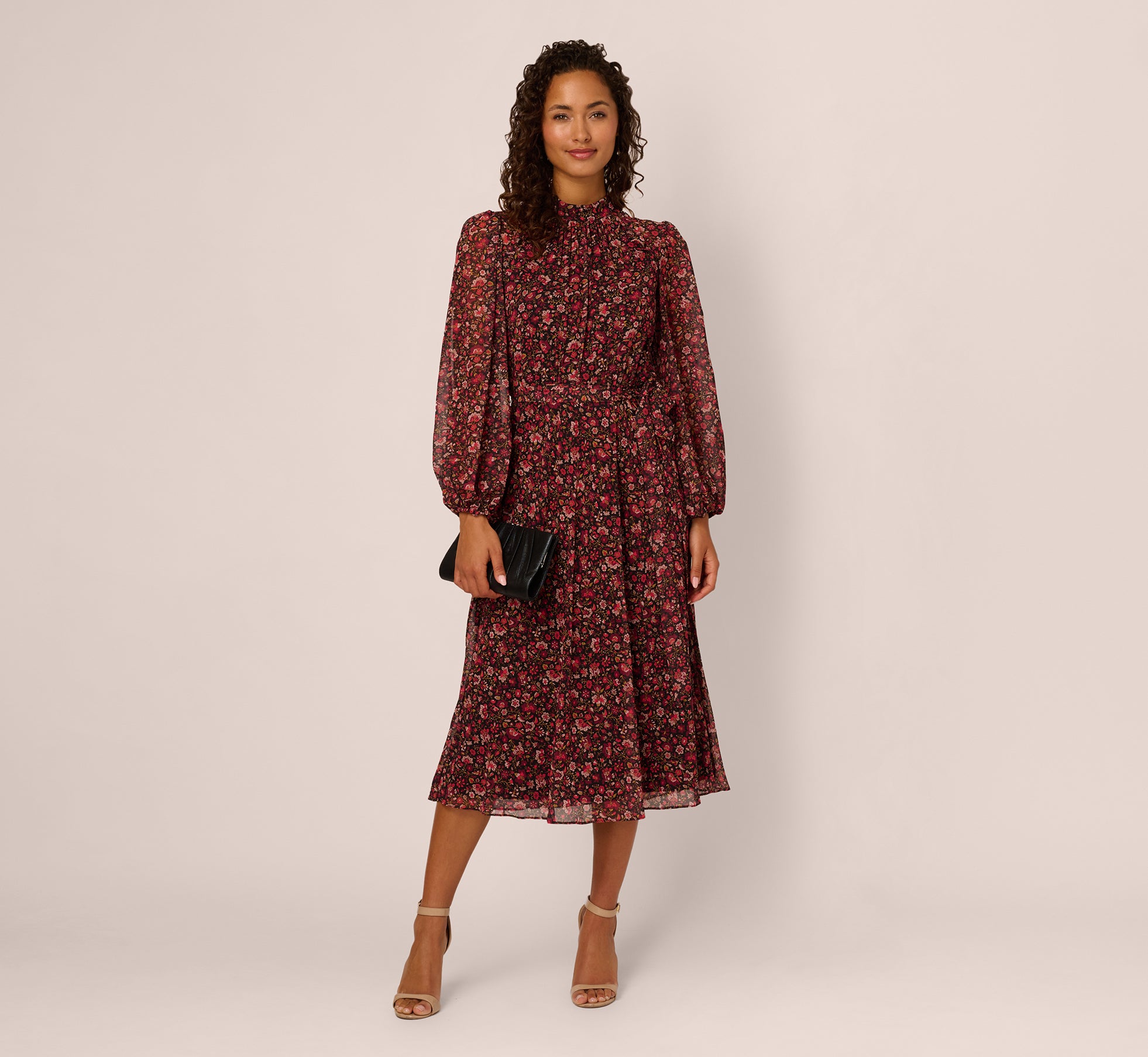 Black Long Sleeve Ditsy Floral Chiffon Midi Dress