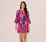 Bell Sleeve Floral Twill Short Dress In Navy Multi 2