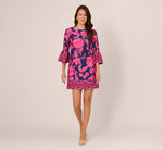 Bell Sleeve Floral Twill Short Dress In Navy Multi 7