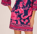 Bell Sleeve Floral Twill Short Dress In Navy Multi 4
