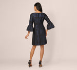 Three Quarter Bell Sleeve Short Jacquard Dress In Navy Black 6