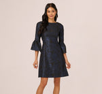 Three Quarter Bell Sleeve Short Jacquard Dress In Navy Black 3