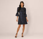 Three Quarter Bell Sleeve Short Jacquard Dress In Navy Black 8