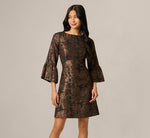 Three Quarter Bell Sleeve Short Jacquard Dress In Black Bronze 2