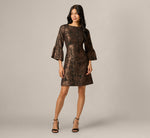 Three Quarter Bell Sleeve Short Jacquard Dress In Black Bronze 6