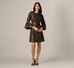 Three Quarter Bell Sleeve Short Jacquard Dress In Black Bronze 1