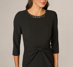 Three Quarter Sleeve Beaded Collar Sheath Dress In Black 4