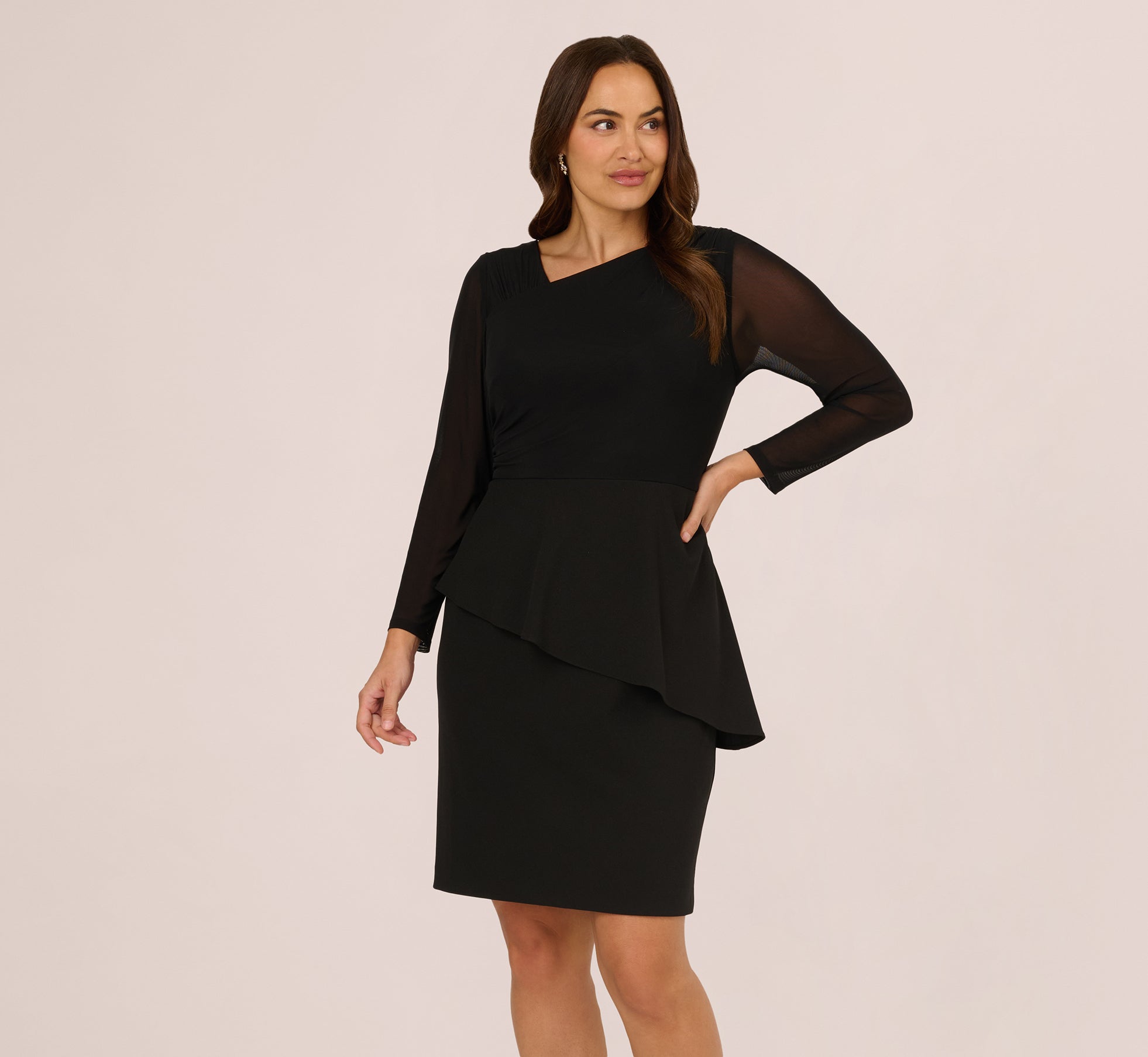Plus Size Long Sleeve Asymmetrical Peplum Sheath Dress In Black Plus Size Long Sleeve Asymmetrical Peplum Sheath Dress In Black