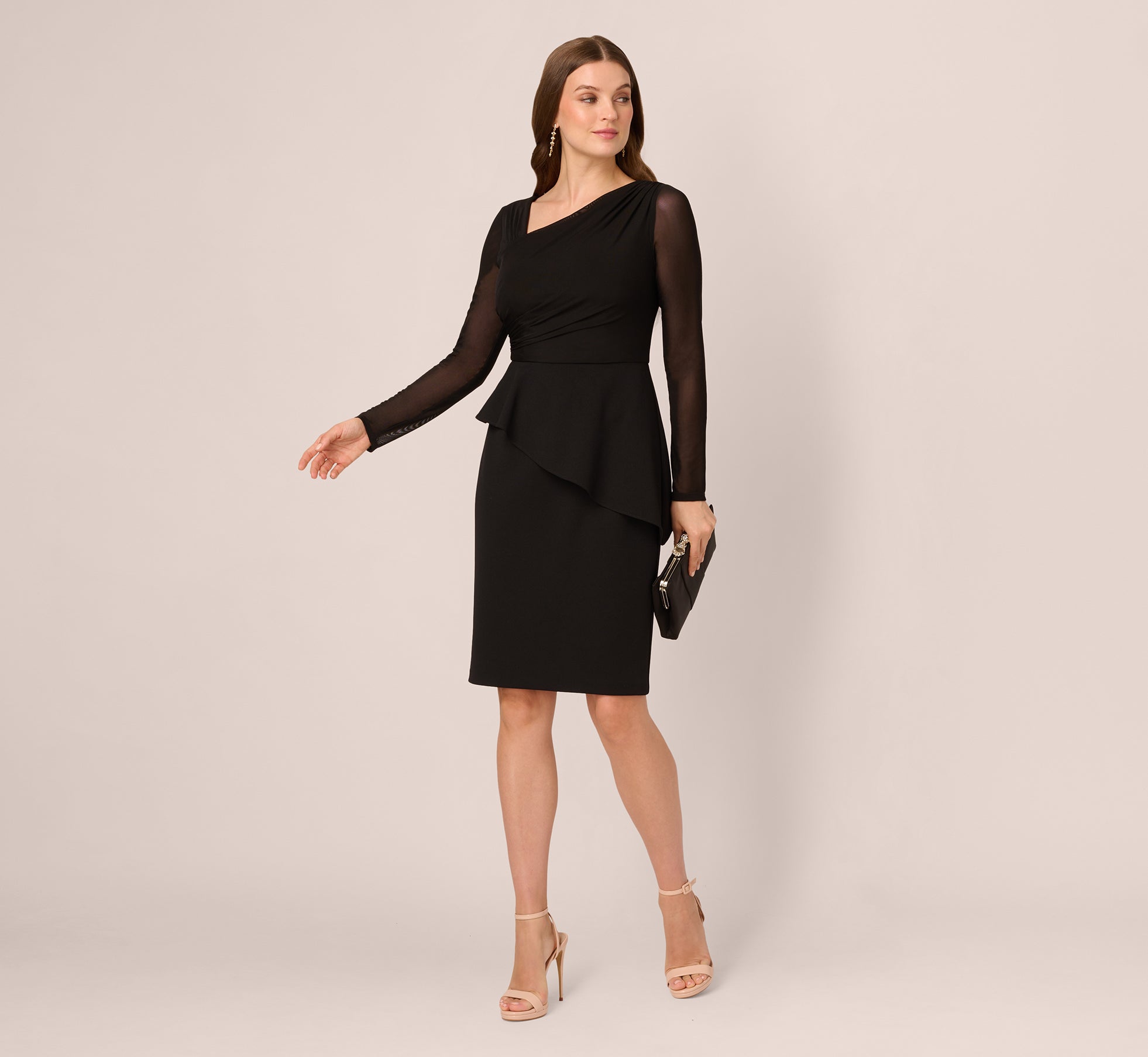 aidan mattox Long Sleeve Asymmetrical Peplum Sheath Dress In Black