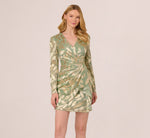 Long Sleeve Foil Short Wrap Dress In Sage Gold 2