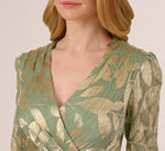 Long Sleeve Foil Short Wrap Dress In Sage Gold 3