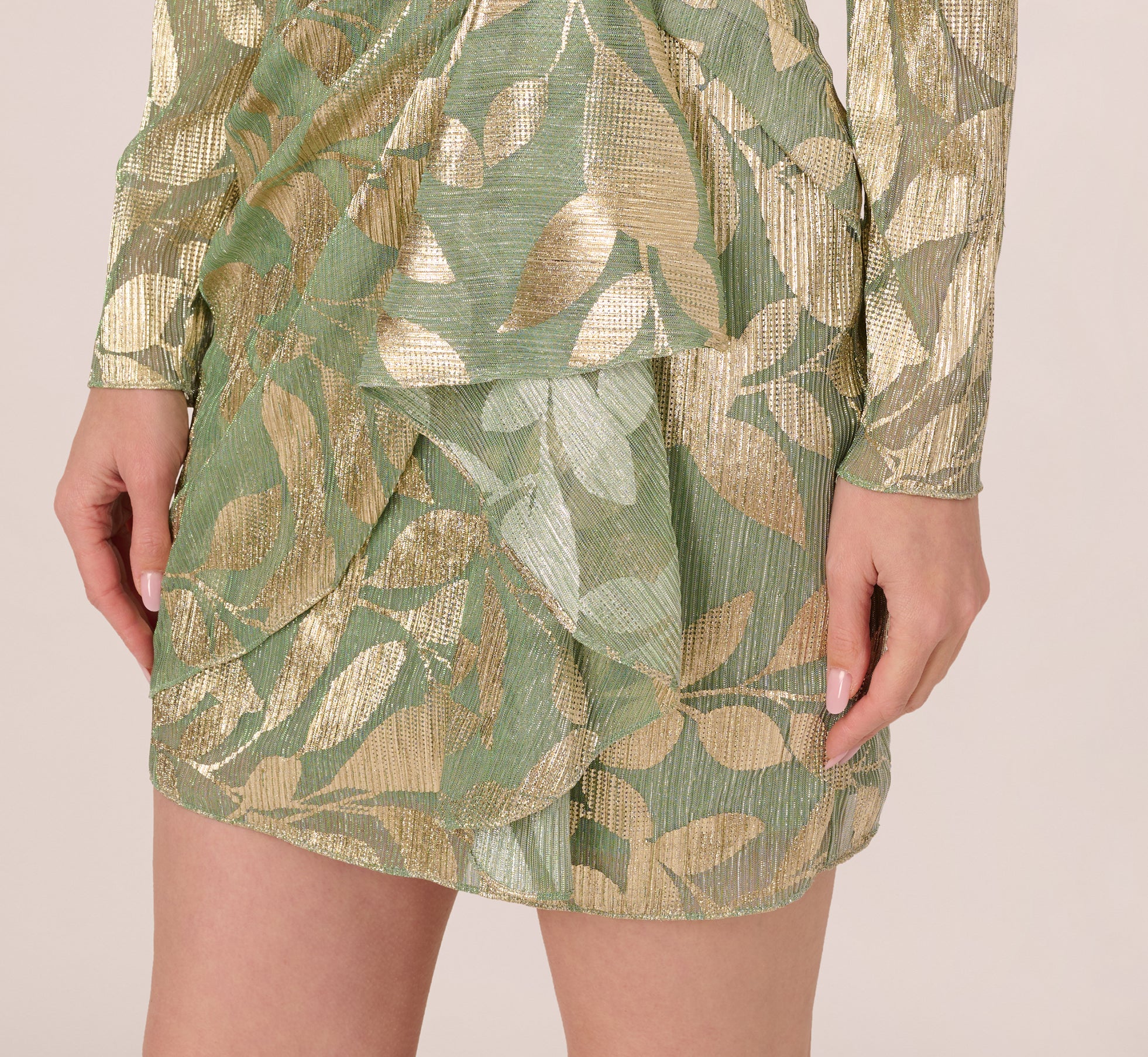 Long Sleeve Foil Short Wrap Dress In Sage Gold 1