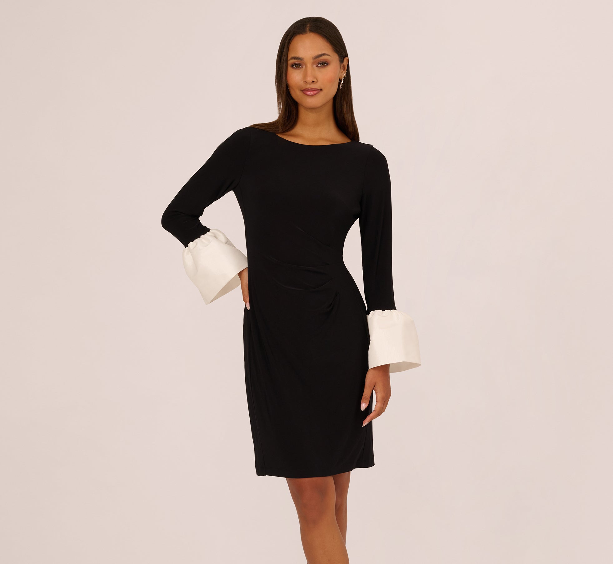 black bell sleeve dress Black Bell Sleeve Jersey Sheath Dress