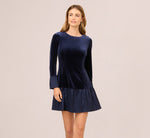 Long Sleeve Drop Waist Velvet Taffeta Dress In Midnight 3