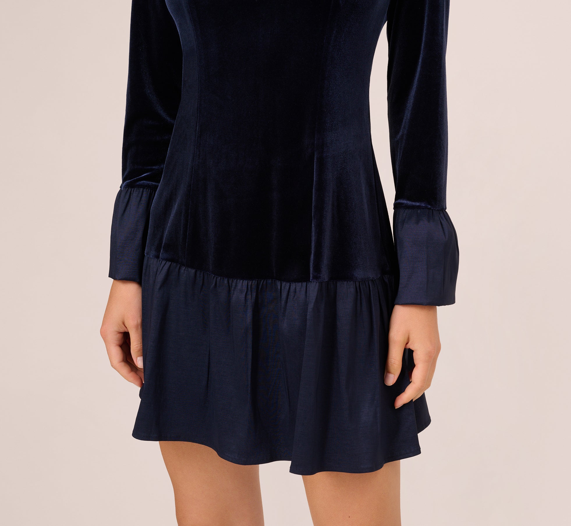 Navy Long Sleeve Drop Waist Velvet Taffeta Dress - Adrianna Papell Navy Long Sleeve Drop Waist Velvet Taffeta Dress - Adrianna Papell